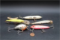 6 Vtg. Fishing Lures, Heddon Spook, Bagly's Balsa+