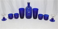 COBALT BLUE GLASSES CANDLE HOLDERS & JUG