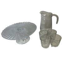 Vintage Glass Pitcher Set with Cake Stand