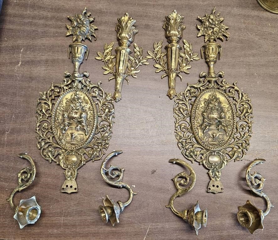Pair Of Brass Angel Motif Wall Scone Candle Holder