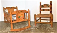 Vintage Childs Chair and Doll Cradle