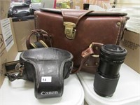 VINTAGE LEATHER CAMERA BAG W/CANON AV-1 + LENS