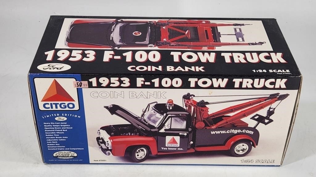 GEARBOX 1/24 SCALE 1953 FORD TOW TRUCK BANK NIB