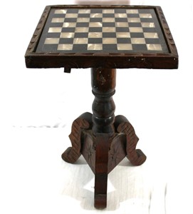 Vtg Carved Wood & Stone Chess Table