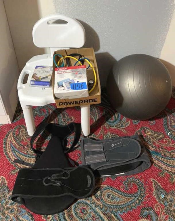 Yoga ball, BP monitor, shower chair, stretch
