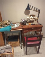 Sewing machine, cabinet, chair, and contents