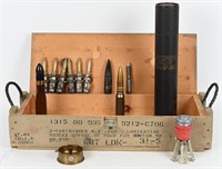 BOXED LOT OF VARIOUS AMMO SHELLS TRENCH ART