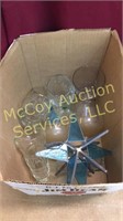 Box lot of goblets and blue leaded glass star,