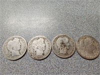 4 Silver Barber Quarters, 1915D, 1914D, 1915,