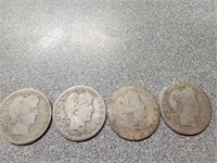 Silver Barber Quarters 1908, 1916D, 1912, and a