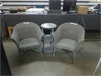 Pair of wicker chairs with 3 tier table