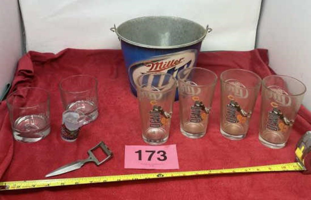 Miller Light Bucket, 95 Dent Glasses, & Jim Bean