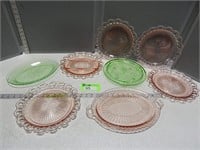 Green and pink depression glass items