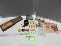 Trinket box, wooden box, shaving brush, post cards