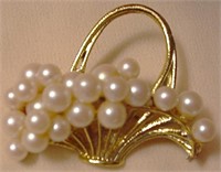 Large Vintage Pin Brooch Basket of Faux Pearls