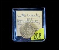 1891-CC $5 Gold Liberty Half Eagle, AU