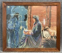 Signed Large Nativity Scene Pastel Artwork