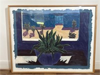 Large Framed Potted Plant Paper Art with Blue Hues