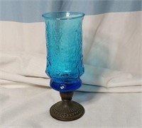 Blue glass pedestal candle holder