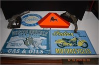 Four Metal Signs & Two Gas Pump Handles