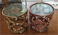 PAIR OF WOODEN BRASS COLOR GLASS TABLES