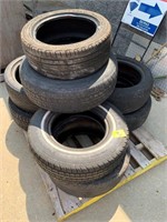 PALLET W/ GROUP OF SPARE TIRES OF ALL SIZES AND