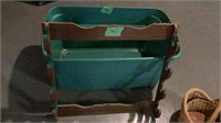 Tote w/ wooden gun rack, baskets & misc