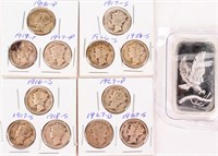 Coin 12 Mercury Dimes & 1 Troy Ounce Silver Bar