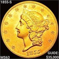 1855-S $20 Gold Double Eagle CHOICE BU