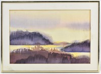 Signed Alpine Lake in Evening Landscape Watercolor