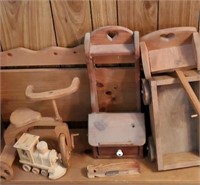 Wooden toys, decor, Tonka train, tricycle