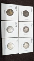 Collection of 6 Liberty V Nickel coins 1892-1911