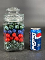 LARGE JAR FULL OF 1" JABO SHOOTER SWIRL MARBLES