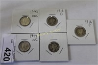 5 SILVER MERCURY DIMES