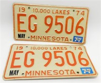 Vintage Pair of 1974 Minnesota License Plates