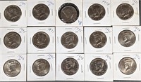 Fifteen Kennedy Half Dollars, Various Date