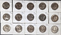 Fifteen Kennedy Half Dollars, Various Date