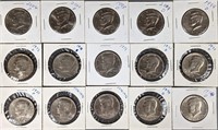 Fifteen Kennedy Half Dollars, Various Date