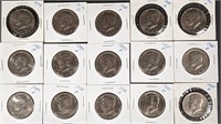 Fifteen Kennedy Half Dollars, Various Date