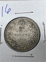 1916 Canadian Silver 25 Cent Coin