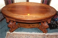 Ornate Walnut Victorian Oval Carved Griffin Table