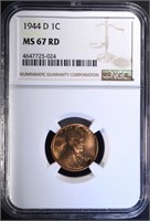 1944-D LINCOLN CENT, NGC MS-67 RED