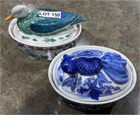 (2) Lidded Dishes w/ Duck & Fish