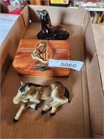 2 Vintage Ceramic Horses & Dresser Box w/ Horse