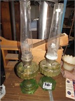 PAIR OF GREEN ALLADING GLASS OIL LAMPS
