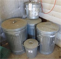 (3) galvanized waste cans with lids and (2)