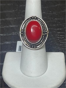 GERMAN SILVER RED CORAL RING