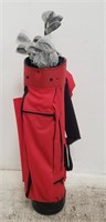 Golf clubs & accessories in red bag
