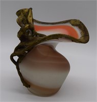 Art Nouveau Satin Art Glass Vase w/ Gold Vine Hand