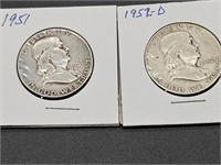 2- Silver 1951 & 1952-S  Franklin Half Dollars